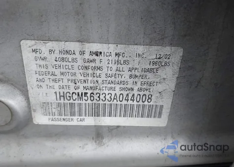 2003 Honda Accord 2.4 Lx из США, поврежденный, VIN 1HGCM56333A044008